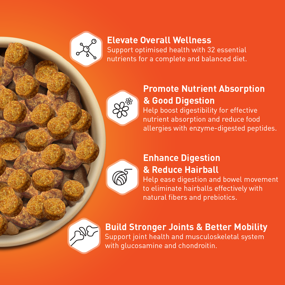 Elevate Overall Wellness Support optimised health with 32 essential nutrients for a complete and balanced diet. Promote Nutrient Absorption & Good Digestion Help boost digestibility for effective nutrient absorption and reduce food allergies with enzyme-digested peptides. Enhance Digestion & Reduce Hairball Help ease digestion and bowel movement to eliminate hairballs effectively with natural fibers and prebiotics. Build stronger joints & Better Mobility Support joint health and musculoskeletal system with glucosamine and chondroitin.